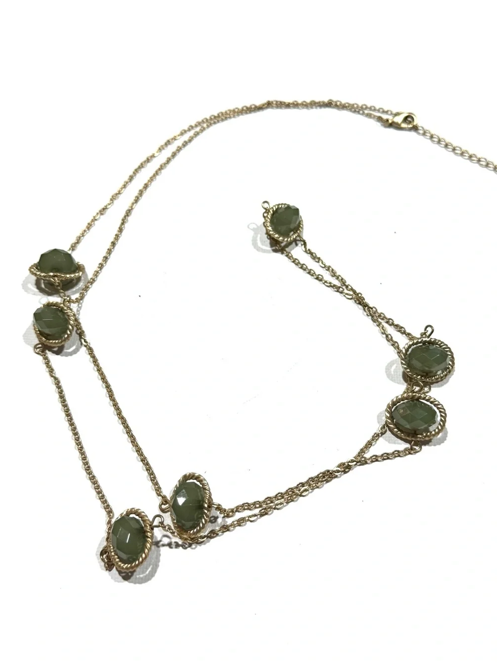 Gold Tone Olive Green Faceted Stone Long Station Necklace
